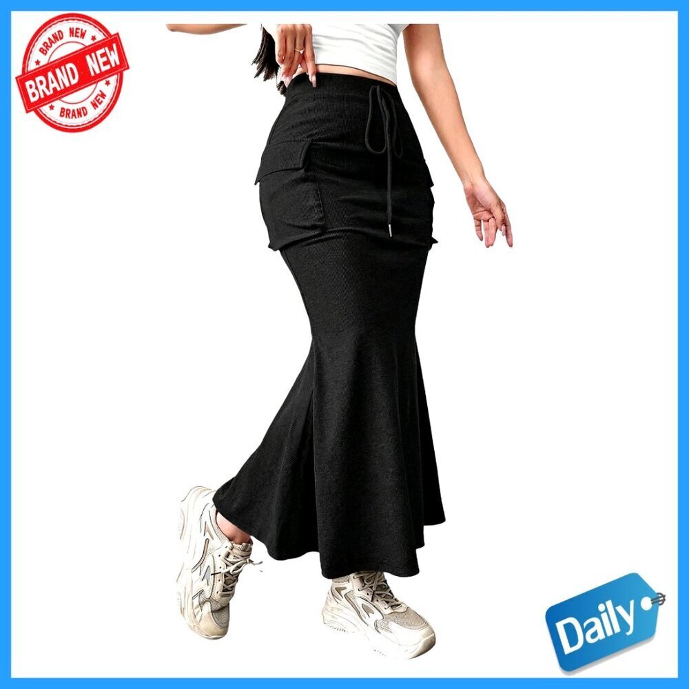 High Waisted Fishtail Maxi Skirt with Cargo Pockets Business Casual